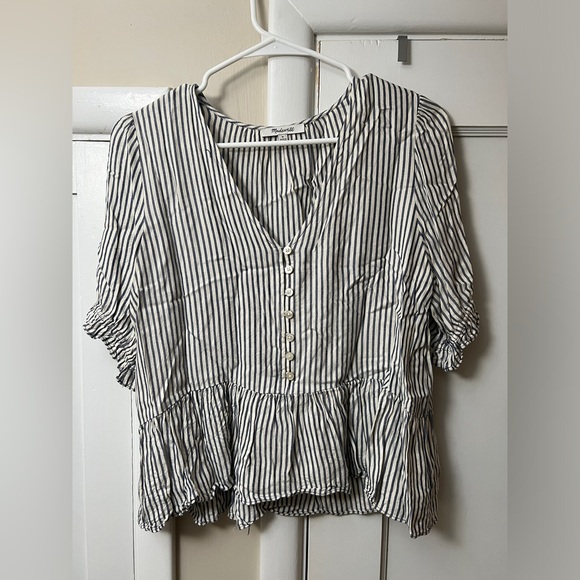 Madewell Blue and White V-Neck Flutter Sleeve Blouse - Picture 1 of 6